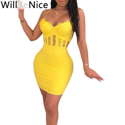 Willbenice Women Summer Bandage Dress Yellow Low Hollow Cut Sexy