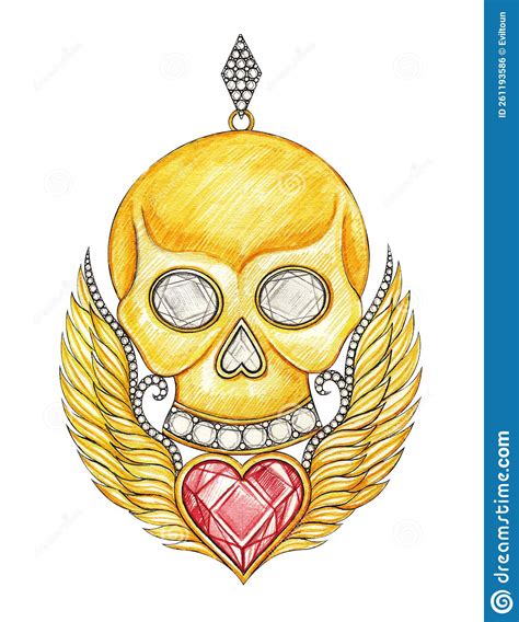 Jewelry Design Art Fancy Skull Mix Wings Heart Gold Pendant Stock