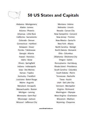 List Of 50 States Printable