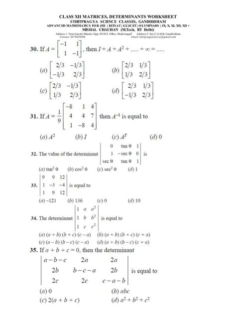Class Xii Matrices Determinants Worksheet 2 Pdf