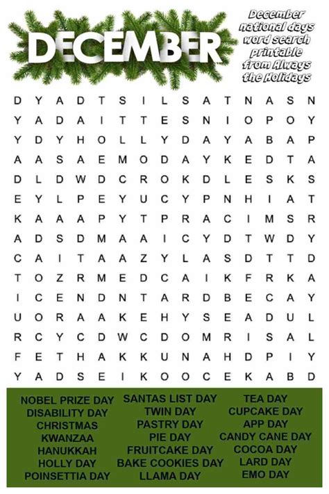 December Word Search Printable National Days Word Find Puzzle