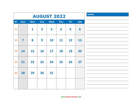 Free Download Printable August 2022 Calendar Large Space For