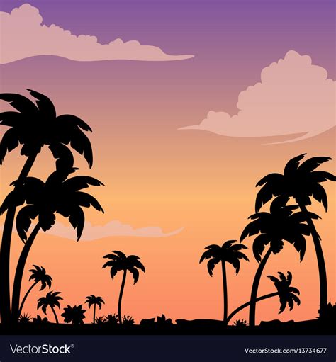 Sunset On A Tropical Island Against A Silhouette Vector Image