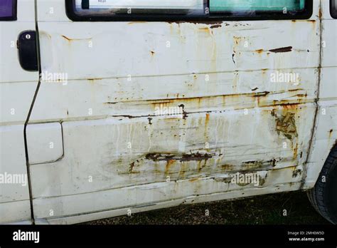 White Van Rusty Damaged In Side Rear Door Collision Used Old Aged Car