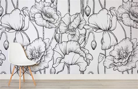 Black And White Illustrated Flowers Wallpaper Mural Hovia Uk White