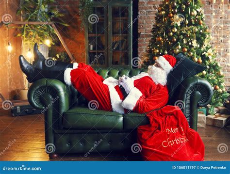 Santa Claus Sleeping At Home Near Christmas Tree Stock Image Image Of