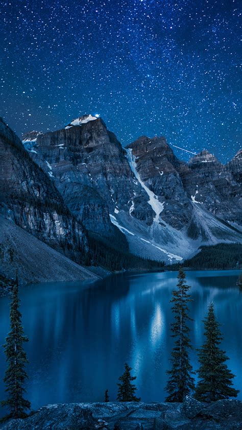 Moraine Lake At Night Snowy Landscape In The Mountains