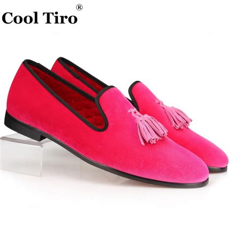 Pink Men Velvet Shoes Slip Slippers Prom And Wedding Mens Dress Loafers Tassel Handmade Males