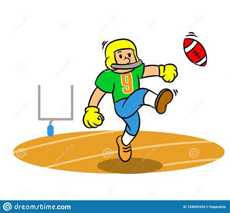 Cartoon American Football Player Kicking Ball On The Field
