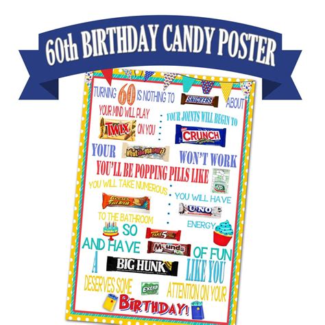 60th birthday poster candy bar poster birthday t for etsy