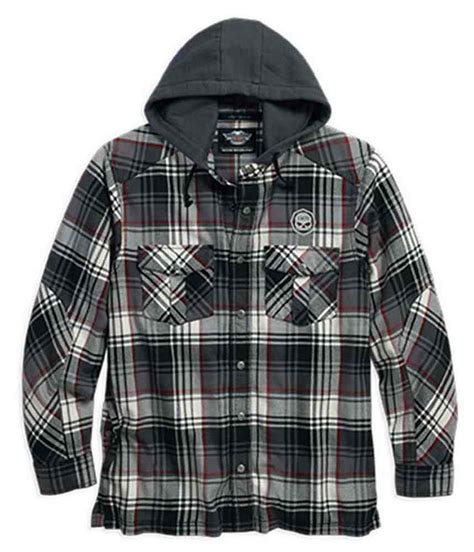 Harley Davidson® Mens Hooded Plaid Flannel Shirt Jacket Greyred