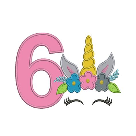 Unicorn Face Birthday Number 6 Applique