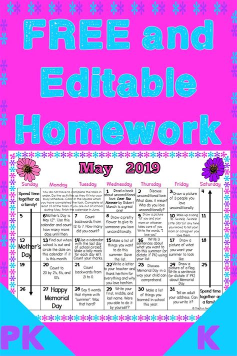Homework Calendars Free And Editable Homework Calendar Preschool