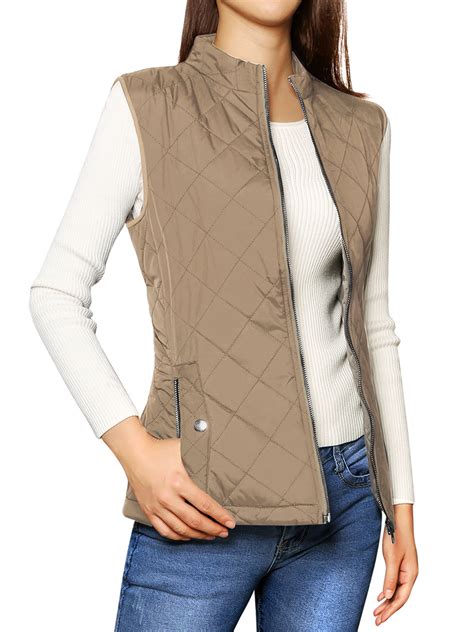 Unique Bargains Womens Zip Up Stand Collar Quilted Padded Vest