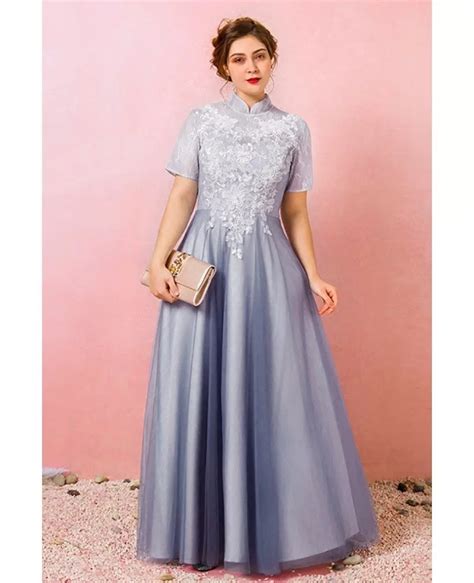Custom Dusty Blue Modest Lace Formal Dress With Collar Short Sleeves Plus Size High Quality
