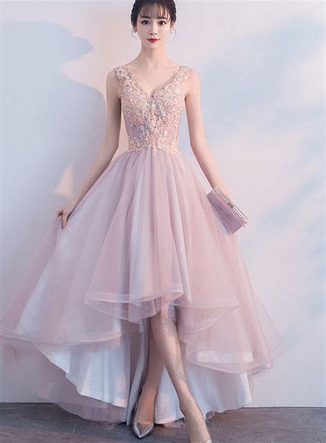 Pink V Neckline High Low Formal Dress Lace Applique Homecoming Dress High Low Evening Dresses