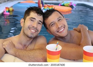 Gorgeous Interracial Gay Couple Swimming Pool Stock Photo 2035187600