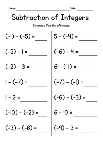 Subtraction Of Integers Worksheets Teaching Resources