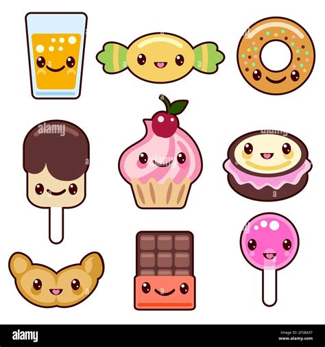 Candy Kawaii Food Characters Sweet Design Dessert Cartoon Smile Set