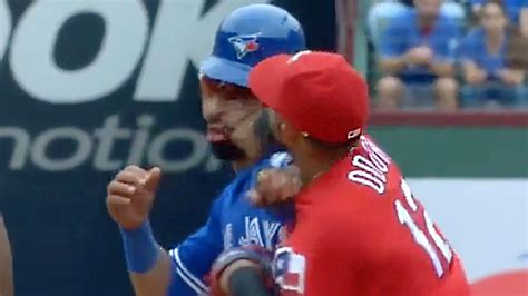 Jose Bautista Gets Punched In Face By Rougned Odor Huge Brawl Erupts