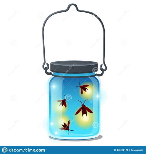Glass Transparent Jar With Glowing Insects Isolated On White Background