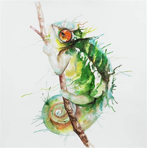 Watercolor Chameleon Painting By Atelier B Art Studio