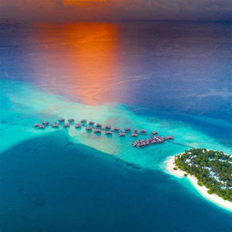 Wallpaper Sunset Aerial View Tropical Island Resort Huts Desktop