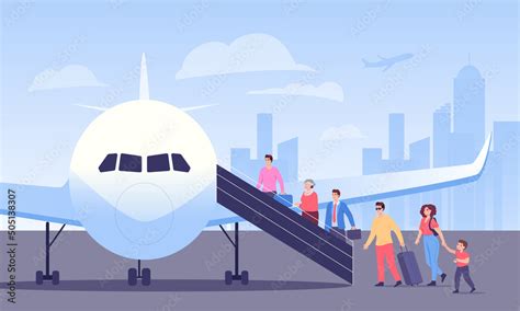 Fototapeta Line Of Cartoon Passengers Boarding Plane People Getting On