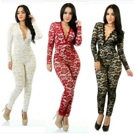 autumn full lace stretch onesie deep v neck bodycon long sleeve jumpsuits sexy women white black