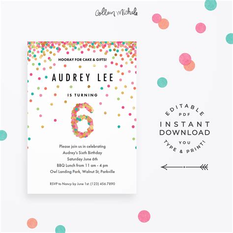 Girl 6th Birthday Invitation Instant Download Printable Pdf Etsy