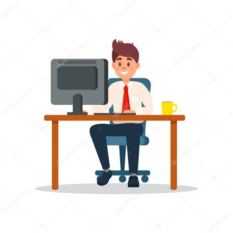 Cartoon Sitting At Computer Smiling Businessman Sitting At The Desk