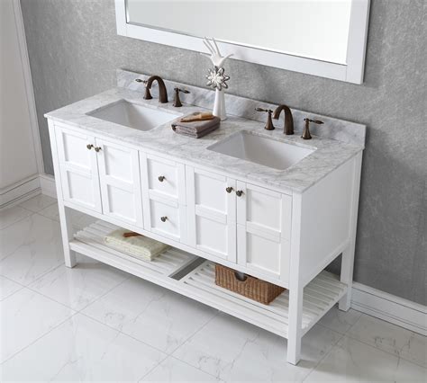 60 Double Bath Vanity In White Finish With Marble Top And Square Sink