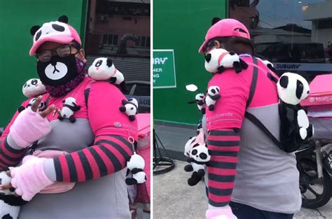 this foodpanda rider loves pandas so much he hangs panda soft toys all over his uniform