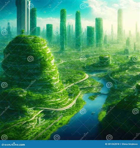 Panorama of the Green Eco-friendly City of the Future. Greening the