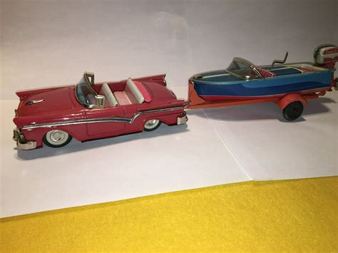 Haji Tin Toy Car Boat And Trailer 1957 Ford Friction Car Wind Up Boat