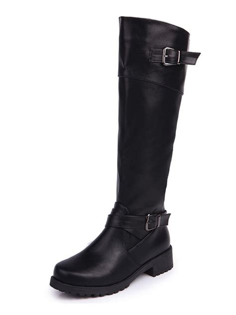 Black Leather Buckle Strap Knee High Boots Choies