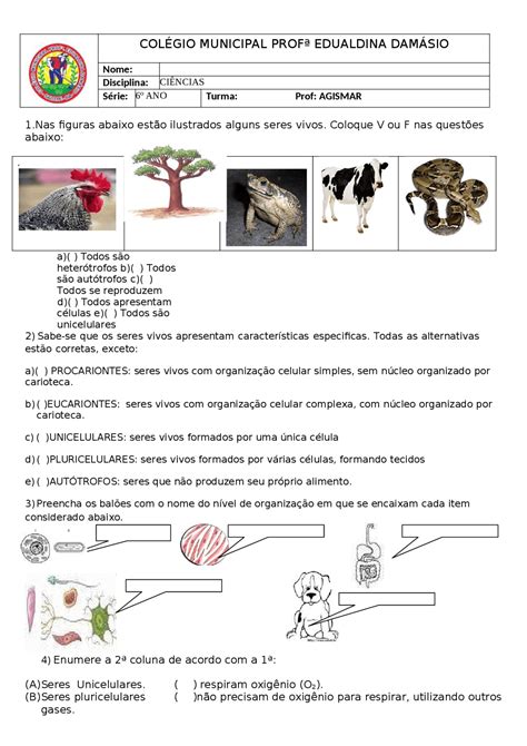 Características Dos Seres Vivos Exercícios