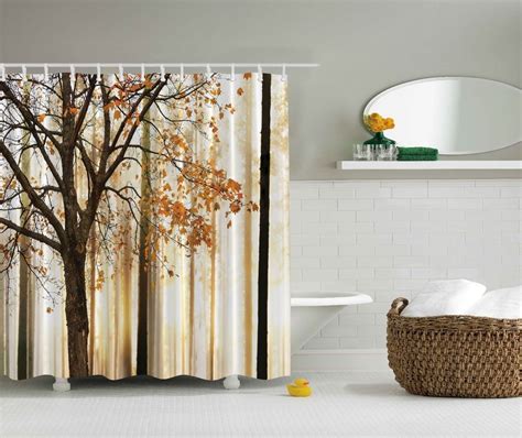 Photo Of Autumn Tree Forest Fabric Shower Curtain Digital Art Bathroom
