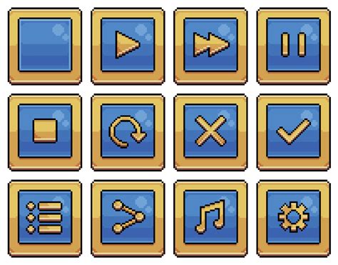 Pixel Art Blue Square Buttons For Game Interface And Apps Vector Icon