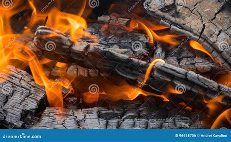Fire Burning Wood And Smoldering Embers Stock Photo Image Of Black