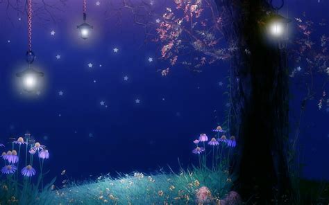 Fantasy Landscapes Art Soft Night Flowers Trees Dream Sky