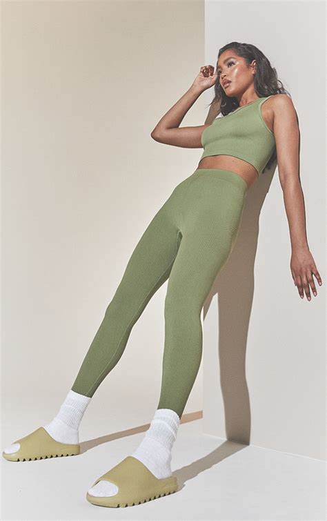 Khaki Structured Snatched Ribbed Leggings Prettylittlething Usa