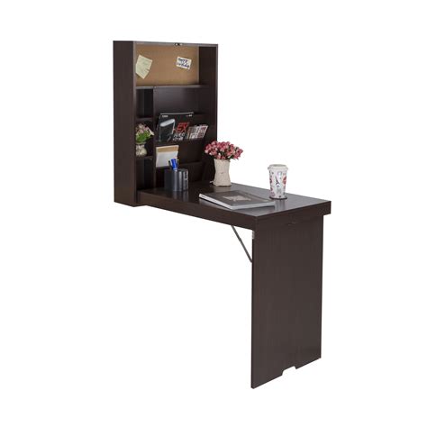 A rectangular top is of a live edge piece of solid wood in natural browns. Wall Mounted Desk | Wayfair