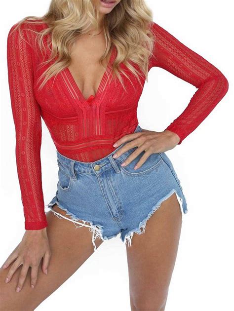 47 OFF Plunging Neck See Through Lace Romper Rosegal