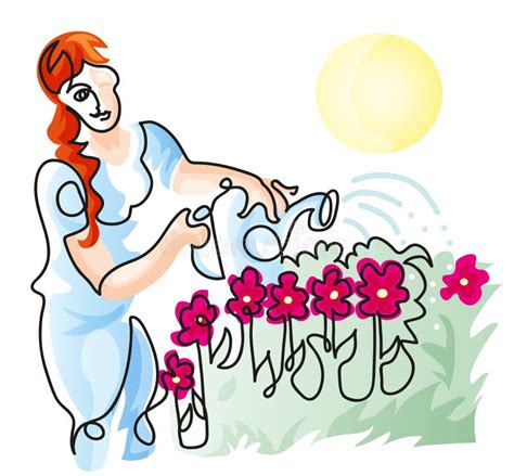 One Line Drawing Of Woman Watering Flowers In Garden Stock