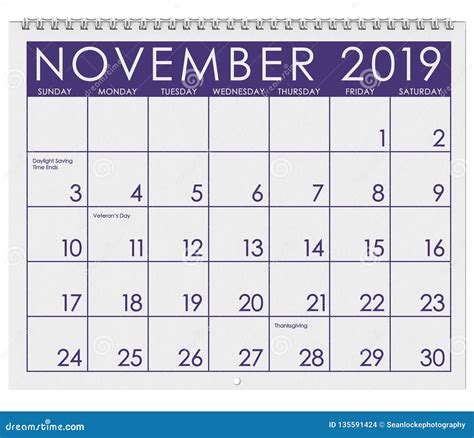 2019 Calendario Mes De Noviembre Stock De Ilustración Ilustración