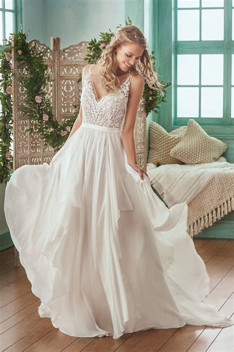F Illusion Bodice V Neck Lace Chiffon Wedding Dress