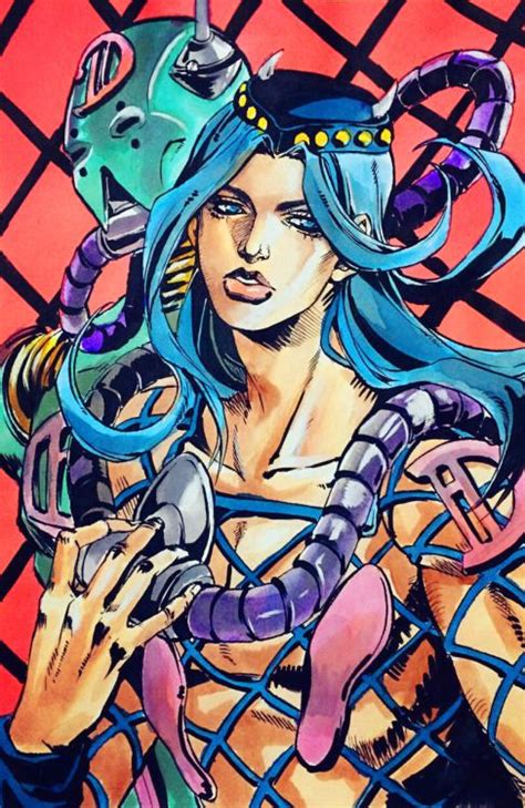A Painting Of A Woman With Blue Hair Holding A Robot