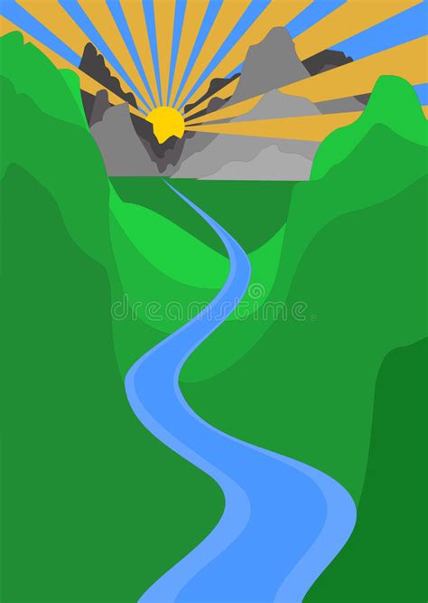 Sunset Mountain And River Vector Illustration Stock Vector