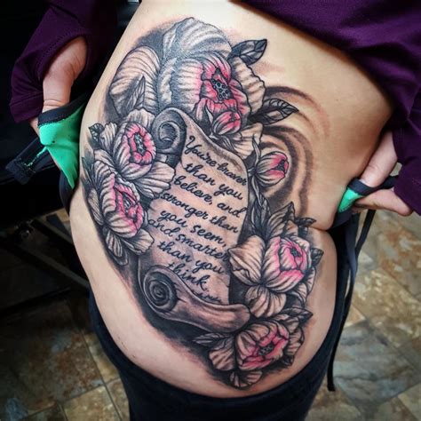 Flowers And Lettered Scroll Tattoo By Cameron Scott Tattoonow